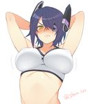  arms_behind_back arms_up bikini blush bouncing_breasts breasts covered_nipples eyepatch furrowed_eyebrows headgear kantai_collection large_breasts purple_hair shirogane_rio_(artist) short_hair signature solo sweatdrop swimsuit tenryuu_(kantai_collection) twitter_username wavy_mouth white_bikini yellow_eyes 