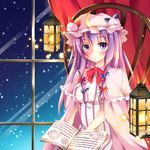  book crescent crescent_hair_ornament hair_ornament hat highres lantern long_hair miy@ mob_cap patchouli_knowledge purple_eyes purple_hair sitting solo touhou 