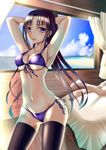  armpits arms_up beach bikini black_hair blue_eyes breasts cleavage day front-tie_top highres long_hair medium_breasts navel original parted_lips ponytail side-tie_bikini solo_focus standing swimsuit thighhighs window zakuro0508 