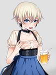  alcohol alternate_costume apron bad_id bad_pixiv_id bangs barmaid beer beer_mug blue_apron blue_eyes blush breasts buttons choker cleavage cowboy_shot cup dirndl dress foam german_clothes grey_background hair_between_eyes highres holding holding_cup iron_cross kantai_collection looking_at_viewer no_bra oktoberfest oniku_(oishii_oniku) open_mouth puffy_sleeves see-through sexually_suggestive short_hair short_sleeves silver_hair simple_background small_breasts solo spill suggestive_fluid sweat waist_apron waitress wet wet_clothes z1_leberecht_maass_(kantai_collection) 