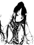 1girl highres japanese_clothes long_hair looking_at_viewer monochrome oni oni_horns original pointy_ears ponytail shiro_shougun simple_background solo white_background 