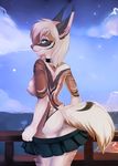  2015 anthro blue_eyes breasts butt clothed clothing collar cyan_eyes feline female hair half-dressed iskra looking_at_viewer looking_back mammal nipples pleated_skirt redcreator skirt solo topless undressing white_hair 