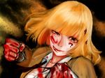  blonde_hair blood blood_on_face bloody_clothes bloody_hands clothes_grab commentary_request highres midorikawa_hana prison_school short_hair solo tongue_(crazy14revolver) 