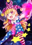  american_flag_dress american_flag_legwear blonde_hair blush clownpiece fairy_wings hat highres jester_cap long_hair looking_at_viewer open_mouth outstretched_arms pantyhose print_legwear purple_eyes ryuu_(multitask) short_sleeves smile solo star striped striped_legwear touhou wings 