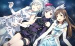  anastasia_(idolmaster) bare_shoulders blush brown_eyes brown_hair closed_eyes detached_sleeves dress drill_hair elbow_gloves flower frills fur_trim gloves hair_flower hair_ornament holding_hands idolmaster idolmaster_cinderella_girls jewelry kanzaki_ranko long_hair looking_at_viewer love_laika multiple_girls nail_polish necklace nitta_minami open_mouth pantyhose pure_white_memories purple_dress red_eyes rosenburg_engel short_hair silver_hair smile thigh_strap twin_drills twintails white_dress white_gloves white_legwear yuuki_tatsuya 