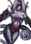  armor arms_up breast_hold breast_suppress breasts breasts_apart deep_skin evolve_(video_game) fangs highres hoshara large_breasts lipstick looking_at_viewer makeup monster_girl multiple_hands navel nude one_eye_covered personification purple_skin ribs simple_background smile solo tail white_background wraith_(evolve) 