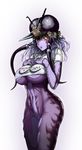  antennae bottomless breast_suppress breasts clothes_writing compound_eyes cosplay cowboy_shot extra_eyes horn insect_girl large_breasts long_hair monster_girl mosquito_girl mosquito_musume one-punch_man print_shirt purple_hair purple_skin red_eyes saitama_(one-punch_man) saitama_(one-punch_man)_(cosplay) shirt simple_background solo t-shirt the_golden_smurf underboob white_background 