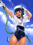  black_hair blush brown_eyes crop_top ez6 gloves head_scarf highres hose one-piece_swimsuit open_mouth original sailor_collar school_swimsuit short_hair smile solo swimsuit swimsuit_under_clothes water wet wet_clothes white_gloves 
