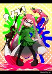  aji_(coastal_area) artist_name chain cherry cosplay domino_mask engrish fangs food fruit full_body gradient gradient_background green_shirt grin hair_ornament highres inkbrush_(splatoon) inkling jojo_no_kimyou_na_bouken jpeg_artifacts kakyouin_noriaki kakyouin_noriaki_(cosplay) letterboxed long_coat mask one_eye_closed paint_splatter paintbrush pantyhose pink_eyes pink_hair pleated_skirt pointy_ears polka_dot polka_dot_background ranguage shirt skirt smile splatoon_(series) splatoon_1 squid tentacle_hair translation_request 