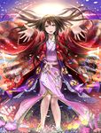  :d brown_eyes brown_hair commentary_request floral_print flower highres japanese_clothes kimono long_hair looking_at_viewer open_mouth original outstretched_arms petals sash smile solo tetrapod_(youhei_1985) tomoe_(symbol) 