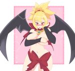  1girl blonde_hair blush bow boxas breasts covering covering_breasts demon_girl demon_wings detached_sleeves disgaea hair_up makai_senki_disgaea_2 naked_ribbon navel nude pointy_ears red_eyes rozalin solo stomach wings 