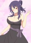  bare_shoulders breasts cleavage dress glasses huge_breasts ichiryuu_tsumiki jewelry long_hair looking_at_viewer mole mole_on_breast necklace one_eye_closed purple_hair red_eyes senran_kagura senran_kagura_burst smile solo suzune_(senran_kagura) 