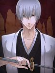  bleach blue_eyes ichimaru_gin katana male_focus silver_eyes silver_hair smile solo sword weapon yukin_(es) 