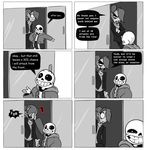  bone comic english_text fangs female fish male marine monochrome ponytail sans_(undertale) skeleton text undertale undyne unknown_artist 