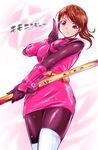  abe_tsukumo breasts brown_eyes brown_hair gradient gradient_background highres long_hair looking_down momochi_kasumi ponytail shuriken_sentai_ninninger solo super_sentai sword weapon 