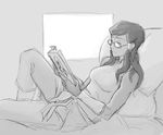  avatar_(series) bespectacled commentary glasses greyscale korra long_hair lying monochrome on_back pillow reading simple_background sketch solo the_legend_of_korra william_ruzicka window 