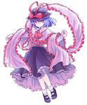  ascot blue_hair capelet frills full_body furorida hat hat_ribbon long_skirt long_sleeves looking_at_viewer mary_janes nagae_iku red_eyes ribbon shawl shirt shoes short_hair simple_background skirt smile socks solo touhou white_background white_legwear 