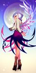  boots dress from_behind full_body full_moon gradient gradient_background hand_on_own_face kishin_sagume kogiso long_sleeves looking_at_viewer looking_back moon profile purple_dress red_eyes short_hair silver_hair single_wing solo touhou vest wings 