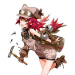  :d asymmetrical_gloves bag bangs boots bow character_request fingerless_gloves gloves goggles goggles_on_headwear hammer hat heart holding kyuusugi_toku leaning_forward leg_up long_hair looking_at_viewer low-tied_long_hair nail open_mouth overalls red_hair shorts shoulder_bag simple_background sleeveless smile solo suspenders ten_kurairakon_teikoku-gun tenkuu_no_craft_fleet white_background yellow_bow yellow_eyes 