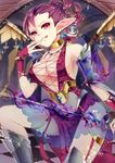  bad_id bad_pixiv_id bangle bare_shoulders bracelet breasts candle chain_chronicle cleavage earrings fangs fantasy greaves hand_to_own_mouth highres holding holding_weapon humo3104 indoors jewelry large_breasts licking_lips midriff neck_ring pointy_ears purple_eyes purple_hair rapier sharp_teeth solo sword teeth tile_floor tiles tongue tongue_out weapon 