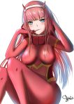  absurdres blue_eyes blush bodysuit breasts darling_in_the_franxx fang hand_in_hair highres ichikawayan long_hair medium_breasts pilot_suit pink_hair skin_tight tongue tongue_out white_background zero_two_(darling_in_the_franxx) 