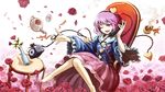  azumi_(madogiwa_bocchi_seki) barefoot cup eyeball flower hairband heart komeiji_satori long_sleeves one_eye_closed open_mouth petals phone pink_eyes pink_hair pink_skirt rose shirt short_hair sitting skirt smile solo string table teacup teapot third_eye touhou wide_sleeves 