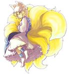  blonde_hair dress fox_tail full_body furorida hands_in_opposite_sleeves hat long_sleeves looking_away mob_cap multiple_tails pillow_hat short_hair simple_background slit_pupils socks solo tabard tail touhou white_background white_dress white_legwear wide_sleeves yakumo_ran yellow_eyes 