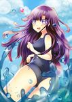  artist_request ass bare_shoulders blush breasts cameltoe danganronpa from_behind heart heart-shaped_pupils large_breasts long_hair looking_at_viewer looking_back open_mouth purple_eyes purple_hair school_swimsuit shiny shiny_skin sideboo sky smile solo super_danganronpa_2 symbol-shaped_pupils tsumiki_mikan water 