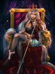  ankle_boots blue_eyes boots breasts cape crossed_legs crown dan_vanilin earrings highres jewelry legs long_hair macross macross_frontier medium_breasts microphone microphone_stand one_eye_closed pink_hair queen realistic sheryl_nome sitting solo songstress throne tongue tongue_out 