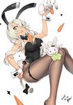  2015 animal animal_ears arm_up ayaki bangs between_breasts black_bow black_legwear black_neckwear blue_eyes bow bowtie braid breasts bunny bunny_ears bunny_girl bunny_tail bunnysuit carrot chestnut_mouth dated detached_collar eyelashes fake_animal_ears garters hair_between_eyes hair_bow hairband hand_on_hip highres holding holding_animal knees_together_feet_apart large_breasts leotard lettuce long_hair looking_at_viewer open_mouth original pantyhose sidelocks signature simple_background single_braid solo strapless tail very_long_hair white_background white_hair wrist_cuffs 