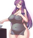  apron big_belly blush bow breasts cleavage colorized covered_navel covered_nipples crescent crescent_hair_ornament curvy fat hair_bow hair_ornament huge_breasts jadf long_hair naked_apron open_mouth patchouli_knowledge purple_eyes purple_hair ribbon simple_background solo touhou white_background wide_hips 