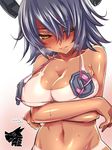  bad_id bad_pixiv_id bare_shoulders blue_hair blush breast_hold breasts cleavage hair_over_one_eye kantai_collection large_breasts navel one_eye_closed short_hair solo tan tanline tenryuu_(kantai_collection) tokita_monta upper_body yellow_eyes 