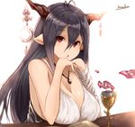  antenna_hair bandaged_arm bandages black_hair breasts chestnut_mouth chin_rest cleavage danua draph dress drink floating floating_object granblue_fantasy hair_between_eyes horn_ornament jewelry large_breasts long_hair looking_at_viewer pendant pointy_ears red_eyes signature solo upper_body white_dress yatsuka_(846) 
