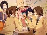  4boys :d asano_keigo asano_mizuho ayasegawa_yumichika bald birthday_cake bleach blush brown_hair cake folded_ponytail food jewelry kojima_mizuiro madarame_ikkaku multiple_boys necklace necktie open_mouth party_popper profile school_uniform smile striped striped_neckwear v yukin_(es) 