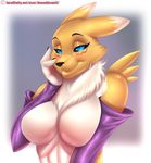  2015 anthro arm_sleeves blush breasts claws digimon doomthewolf female fur hi_res looking_at_viewer renamon smile solo yellow_fur 