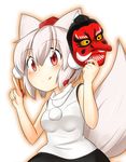  animal_ears blush breasts detached_sleeves elu_butyo hat inubashiri_momiji looking_at_viewer mask medium_breasts pom_pom_(clothes) red_eyes short_hair silver_hair simple_background skirt smile solo tail tengu_mask tokin_hat tongue tongue_out touhou white_background wolf_ears wolf_tail 