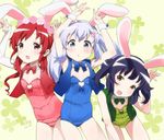  animal_ears artist_name bare_legs blue_ribbon blue_vest bunny_ears bunnysuit commentary_request cuffs detached_collar ending fang gochuumon_wa_usagi_desu_ka? green_ribbon green_vest jouga_maya kafuu_chino multiple_girls natsu_megumi open_clothes open_vest red_hair red_ribbon red_vest ribbon rkrk vest white_hair wrist_cuffs 