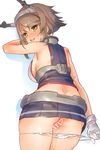  ass bare_shoulders blush breasts brown_hair censored commentary_request flat_ass from_behind gloves green_eyes hairband headgear kantai_collection large_breasts looking_at_viewer looking_back mutsu_(kantai_collection) panties panty_pull pussy pussy_juice short_hair sideboob skirt smile solo sweat tetsujin_momoko underwear white_panties 