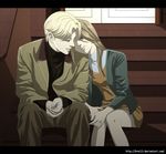  1girl anna_liebert blonde_hair blue_eyes bret13 brother_and_sister brown_hair hands_together head_on_shoulder jacket johan_liebert letterboxed monster_(manga) official_style siblings sitting stairs twins watermark web_address 