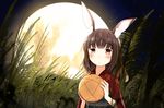  :&lt; animal_ears backlighting ball blush brown_eyes brown_hair bunny_ears child commentary field full_moon grass hill holding japanese_clothes kimono looking_at_viewer moon moonlight night obi original sash scenery solo tamanoti temari_ball upper_body yukata 