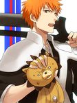  bleach head_grab kon kurosaki_ichigo multiple_boys open_mouth orange_hair over_shoulder stuffed_animal stuffed_lion stuffed_toy sweatdrop sword sword_over_shoulder weapon weapon_over_shoulder yukin_(es) zangetsu_(shikai) 