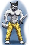  abs bulge canine clothed clothing collar dog doggo half-dressed male mammal melee_weapon muscular sampsonwoof solo sword topless undertale weapon 