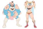  1boy 1girl beard black_hair blonde_hair breasts chest_hair cleavage_cutout cosplay costume_switch domino_mask facial_hair flexing heart_cutout mask mohawk muscle navel pose rainbow_mika scar speedo stomach street_fighter street_fighter_v swim_briefs talez01 topless twintails wrestling_outfit zangief 