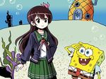  adrian_ferrer bubble commentary coral_reef crossover food fruit kantai_collection kisaragi_(kantai_collection) pantyhose pineapple remodel_(kantai_collection) salute seaweed spoilers spongebob_squarepants spongebob_squarepants_(character) underwater 