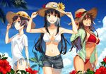  arm_up arms_up bad_id bad_pixiv_id bikini black_hair blue_eyes breasts brown_eyes brown_hair cloud contrapposto cowboy_shot day denim flower from_side green_eyes grin hand_on_headwear hands_on_headwear hat hat_flower hibiscus jacket kimura_(ykimu) large_breasts long_hair looking_at_viewer looking_away medium_breasts midriff multiple_girls navel open_clothes open_mouth open_shirt original palm_tree polka_dot polka_dot_bikini polka_dot_swimsuit red_bikini shirt short_hair short_shorts shorts side-tie_bikini sky smile standing straw_hat swimsuit tan thigh_gap tree white_bikini 