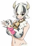  animal_ears animal_print artist_request baby baby_carry bare_shoulders bell bell_collar black_hair blue_eyes breasts collar cow_bell cow_ears cow_horns cow_print green_eyes holstaurus horns large_breasts monster_girl monster_girl_encyclopedia mother_and_daughter motherly multicolored_hair multiple_girls navel pacifier simple_background smile source_request streaked_hair two-tone_hair white_background white_hair 