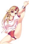  bad_id bad_pixiv_id blonde_hair buruma cuffs douji flexible gym_uniform highres horn hoshiguma_yuugi red_eyes shackles solo spread_legs stretch thighs touhou white_background 