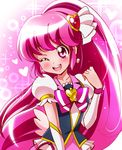  absurdres aino_megumi bad_id bad_pixiv_id blush bow brooch cure_lovely earrings hair_ornament hair_ribbon happinesscharge_precure! heart heart_hair_ornament highres jewelry long_hair magical_girl one_eye_closed pink pink_background pink_bow pink_eyes pink_hair precure ribbon sharumon smile solo wide_ponytail 