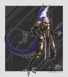  2015 anthro armor blacktalons claws clothing dagger digitigrade fingerless_gloves gloves hand_on_hip loincloth looking_at_viewer male melee_weapon sergal smile solo weapon 