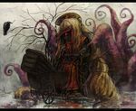  bird blonde_hair bloodborne branch chinese_clothes commentary crow hat junko_(touhou) koto_inari long_hair rain red_eyes stroller tentacles touhou very_long_hair wings 